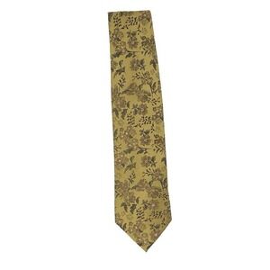 Belisi Mens Silk Tie Mustard Yellow Brown Floral‎ Print Handmade Y2K Necktie Mod